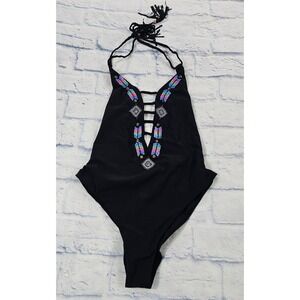 Eco Peace Beaded One Piece Swimsuit Womens Small Black Caged Halter Boho Tribal